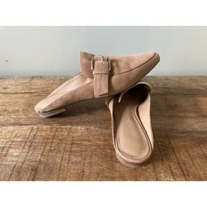Banana Republic Size 8 Tan Suede Mules with Pointed Toe, Buckles, Flat Slides